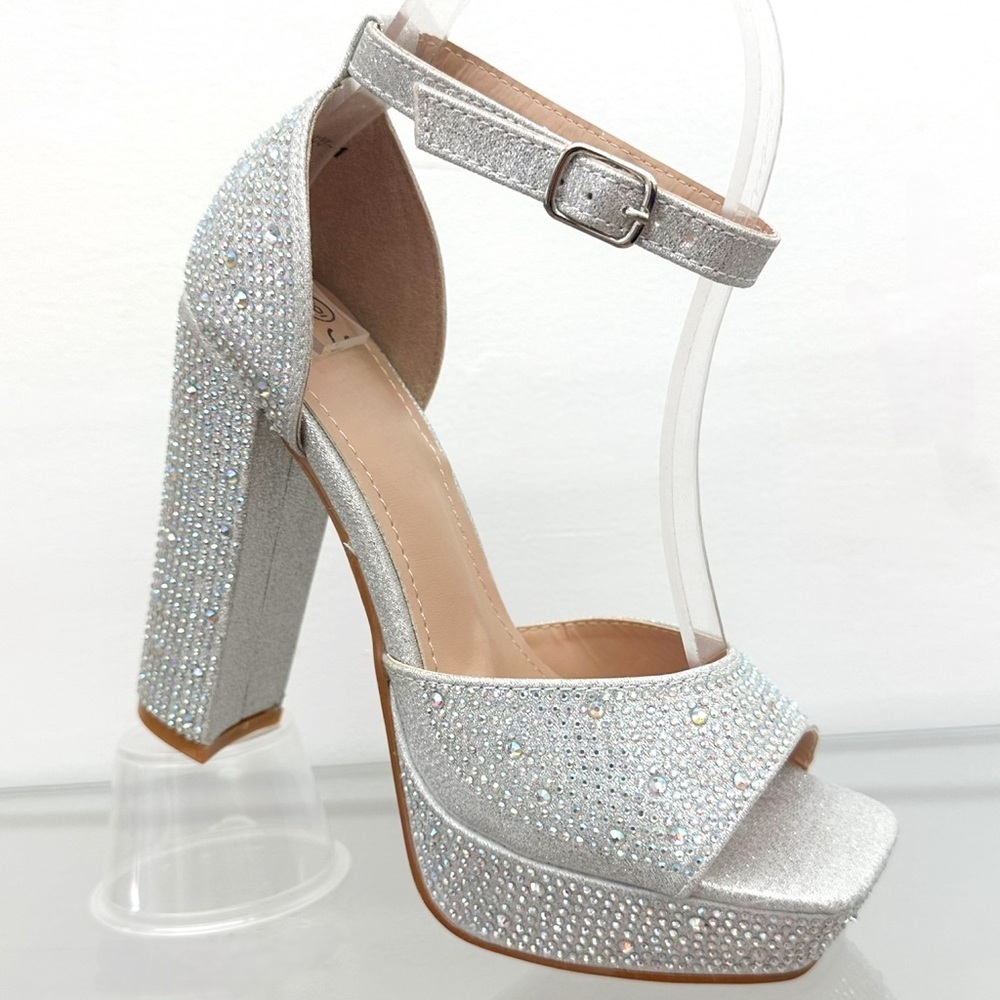 Silver Rhinestones Open Toe Platform Heels - Picture 1 of 4